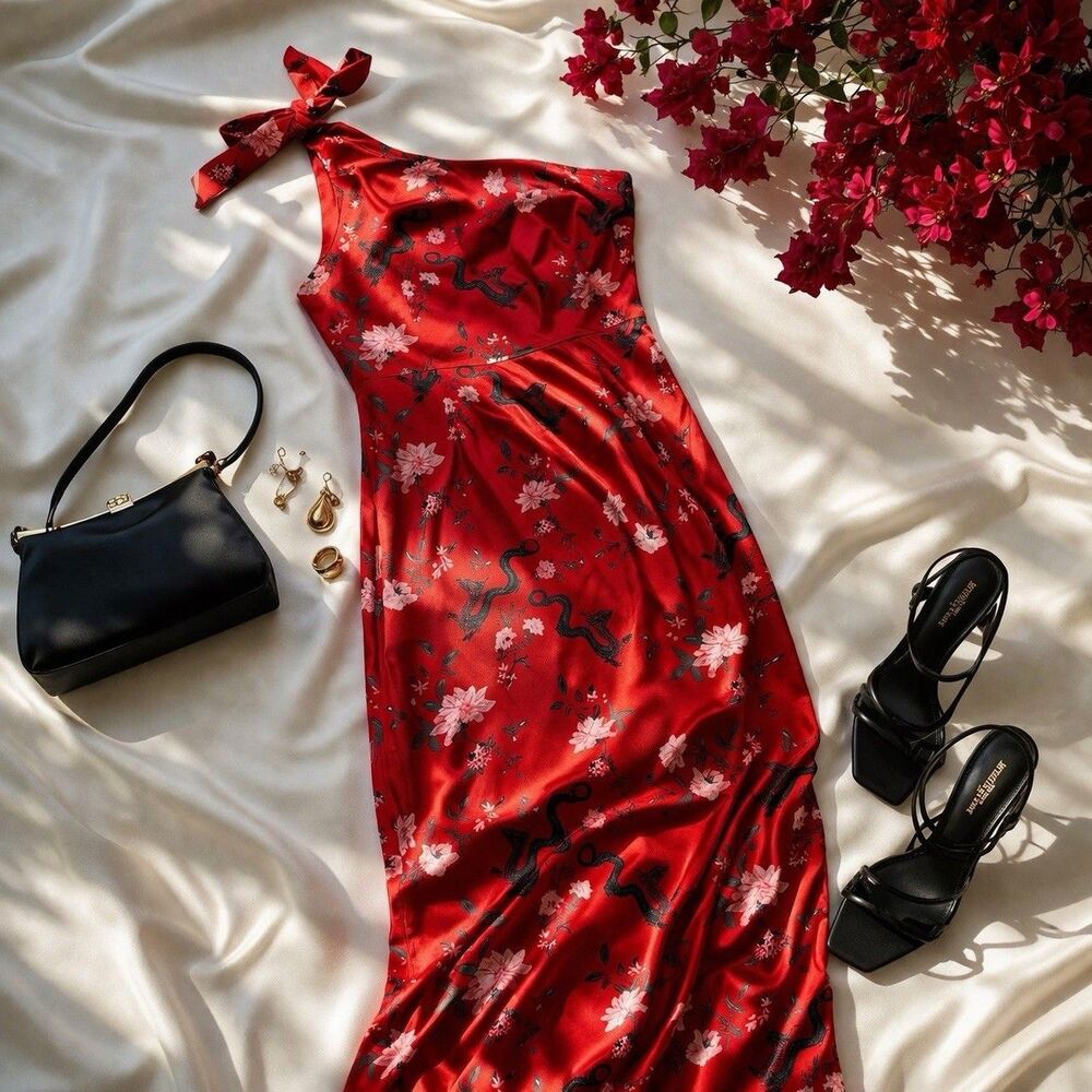 Charlie Holiday One Shoulder Satin Midi Dress Red Floral Asian Dragon Slit XS